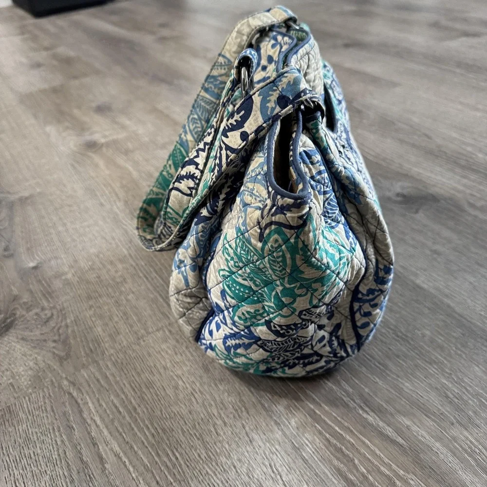 Vera Bradley Shoulder Bag Womens Medium Blue Green Floral Quilted Cotton Zip Top